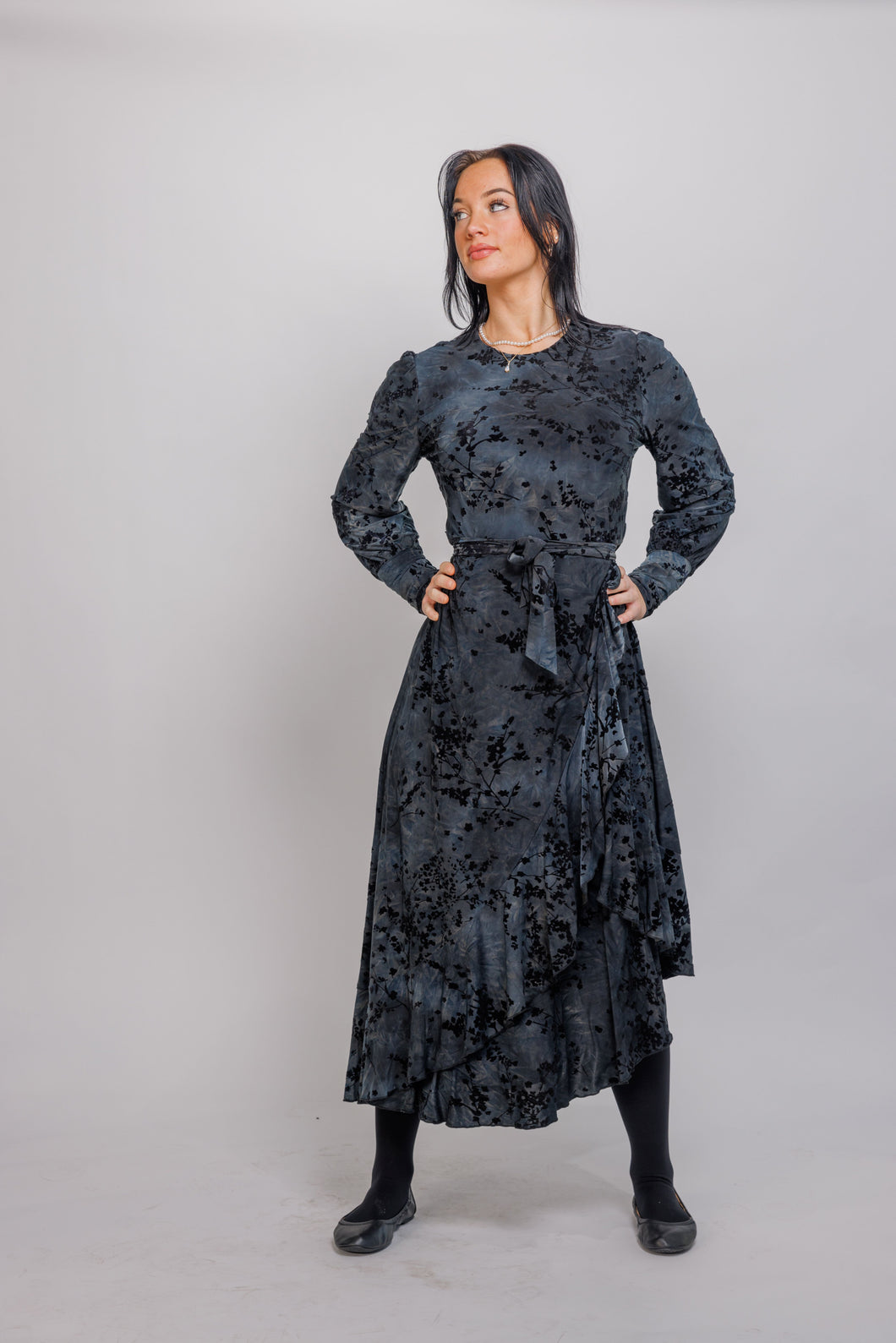 IV CUT VELVET BELTED DRESS WITH VERTICAL RUFFLE