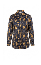 Load image into Gallery viewer, IV NAVY/GOLD PRINT BLOUSE WITH VELVET TRIM
