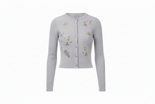 Load image into Gallery viewer, IGHT BLUE RIBBED CARDIGAN WITH FLORAL EMBRIODERY
