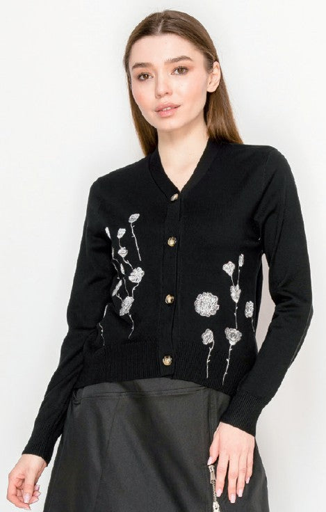YAL V NECK ROSE EMBROIDERED SWEATER