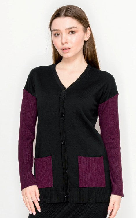 YAL V NECK RIB LSV AND PKT CARDI