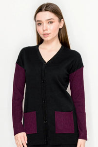 YAL V NECK RIB LSV AND PKT CARDI