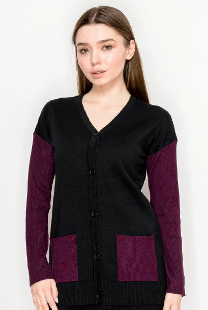YAL V NECK RIB LSV AND PKT CARDI