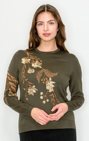 YAL CONTRAST FLOWER EMBROID CREW NK SWTR