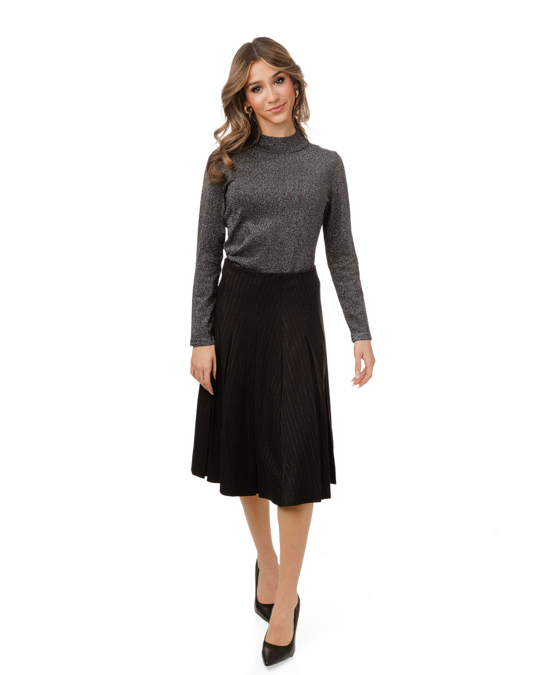 LU METALLIC PINSTRIPE BOX PLEATED SKIRT