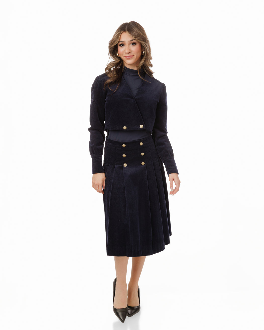LU CORDUROY PLEATED SKIRT WITH GOLD BUTTONS