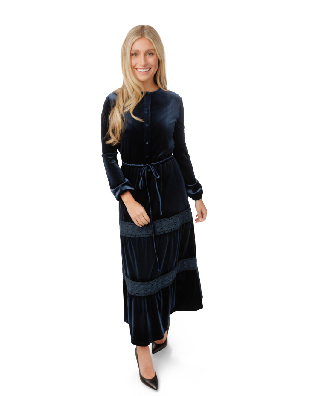 LU VELVET AND LACE DRAWSTRING DRESS