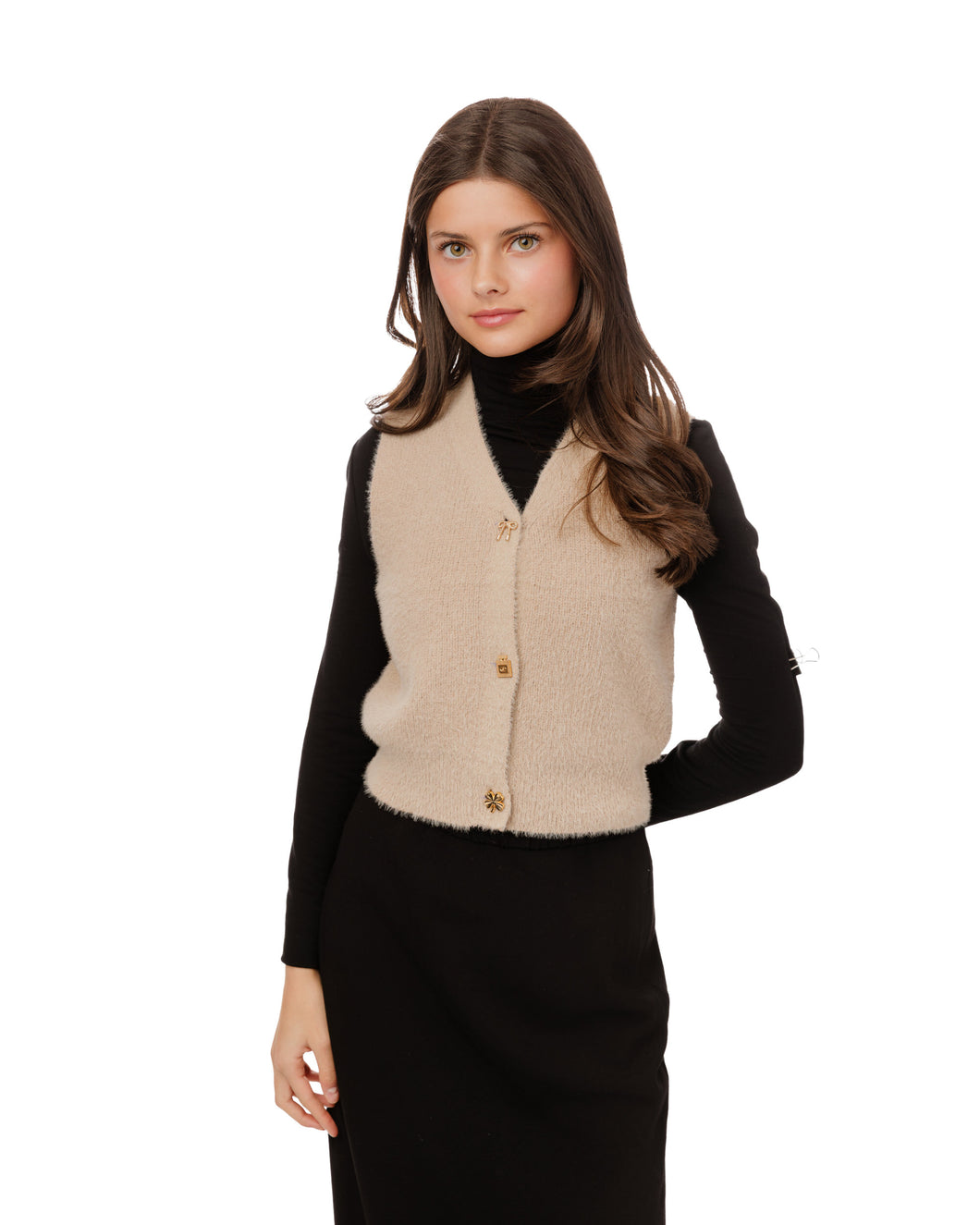 LU FUZZY KNIT VEST WITH GOLD SHAPED BUTTONS