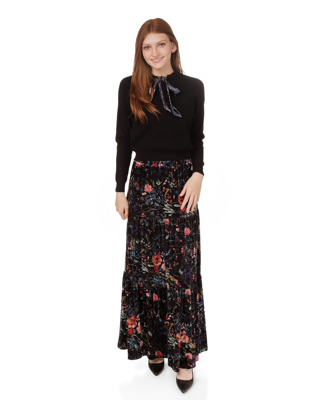LU KNIT TOP WITH VELVET PRINTED NECK TIE