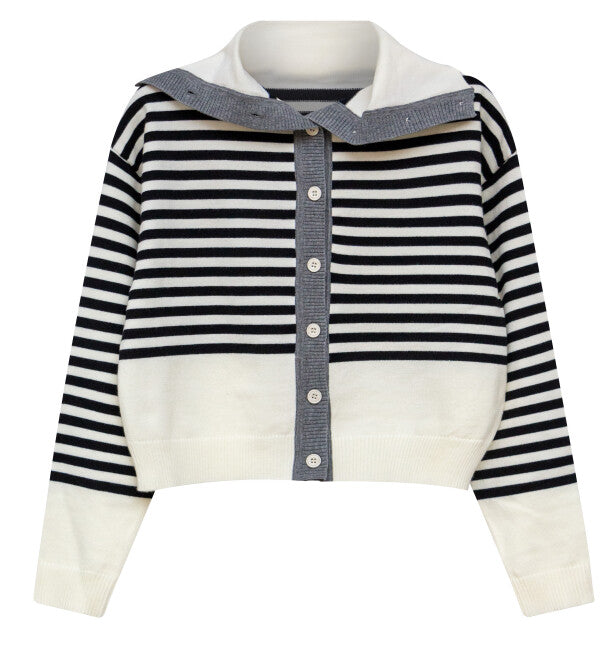 J STRIPE FLAP COLLAR KNIT TOP