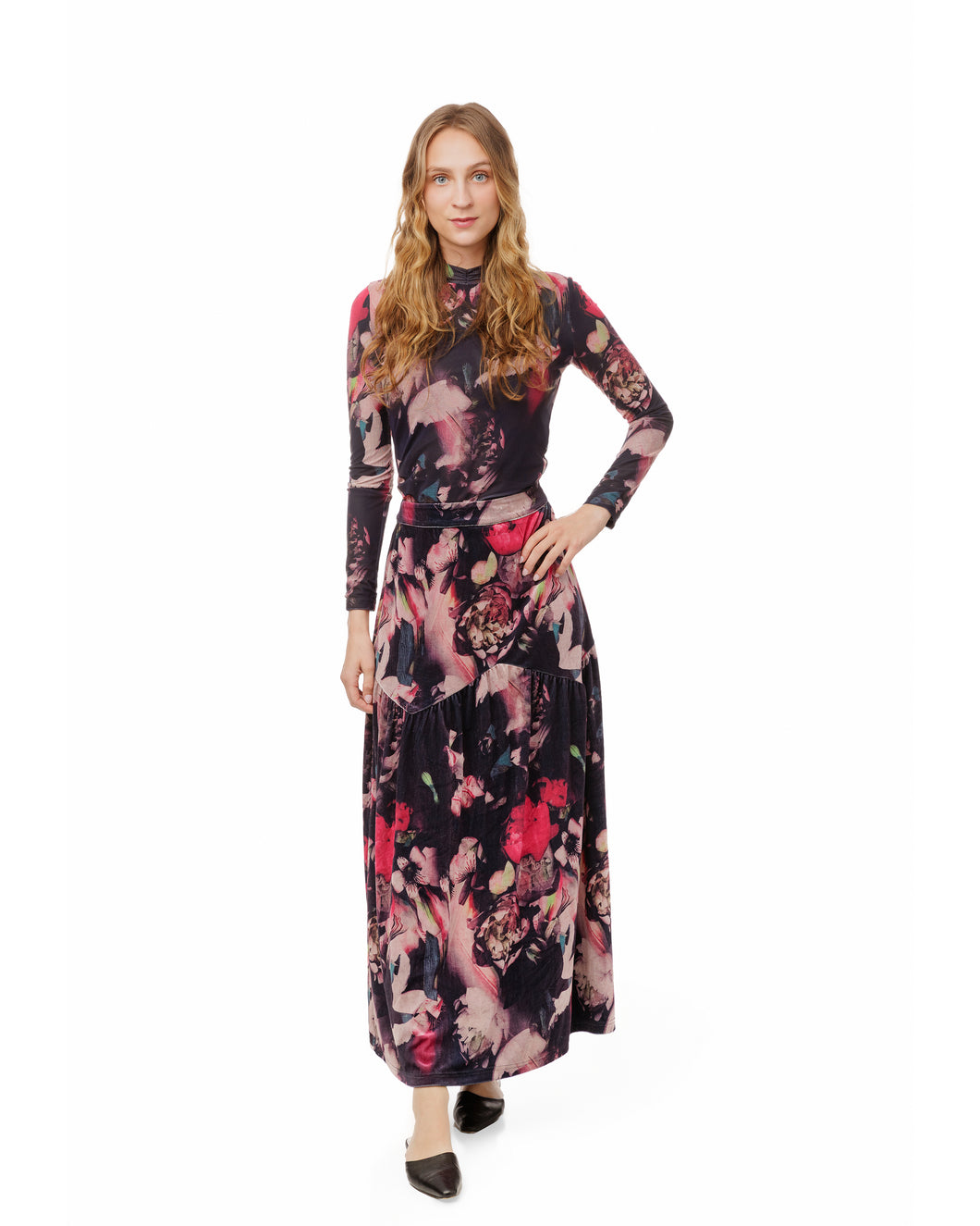 LU FLORAL PINK PRINTED VELVET TIERED SKIRT