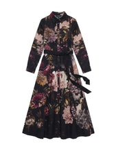 Load image into Gallery viewer, LI COLLAR AND BELTED FLORAL COVERED BUTTON DRESS
