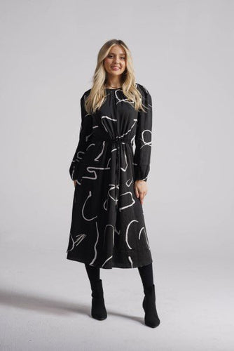 IV DRAWSTRING WAIST DRESS W RANDOM SCRIBBLES - DRESSES