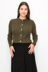 YAL SOLID CROP CARDI GOLD BUTTON - TOPS